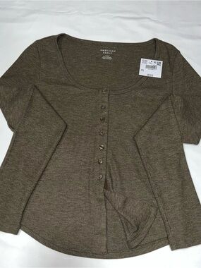 American Eagle Outfitters Olive-Brown Button Front Scoop Neck Top